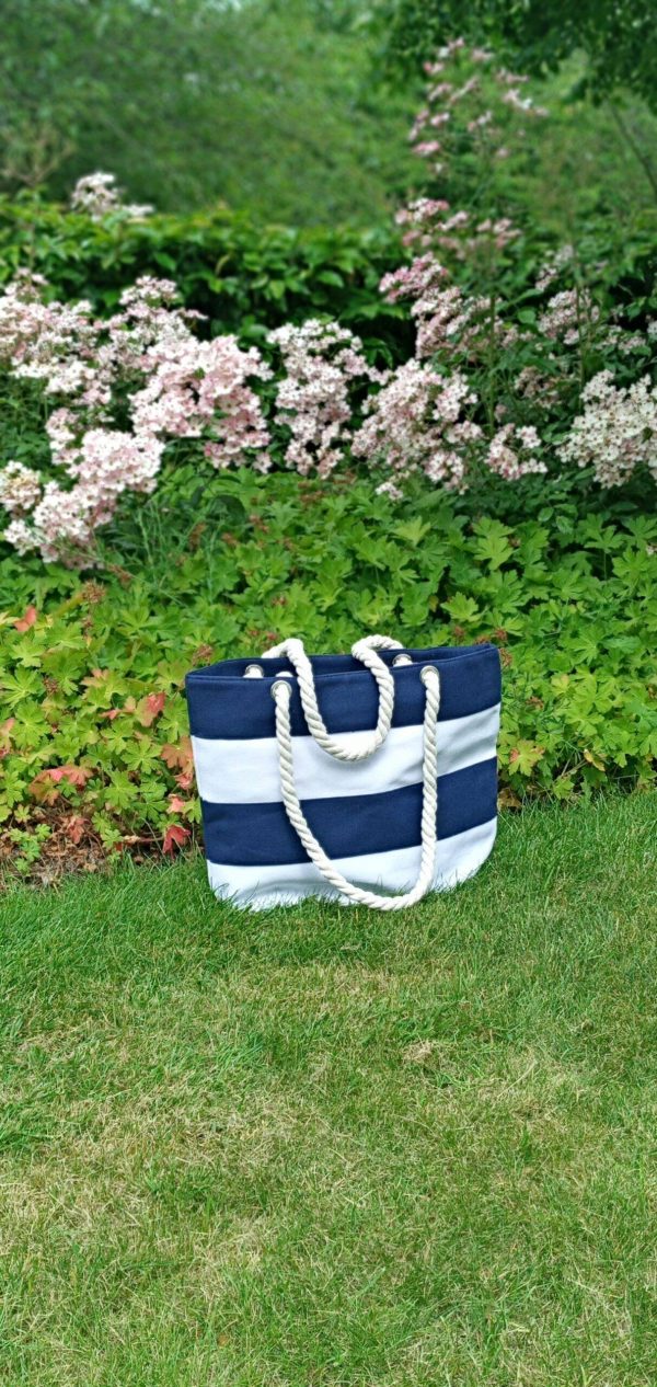 Multi-Purpose White and Blue Canvas Tote Bag with Twill Pattern Stitching for Women and Girls